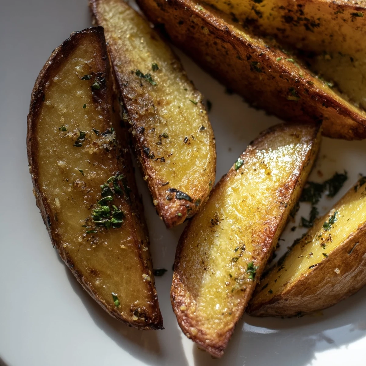 Golden-brown Lemon Potato Wedges fresh from the oven, garnished with fresh parsley and lemon wedges.