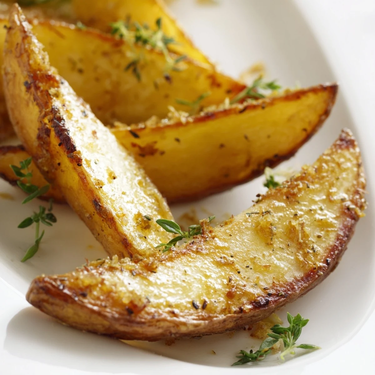 Seasoned Lemon Potato Wedges arranged on a baking sheet, showing crunchy edges and tender centers.