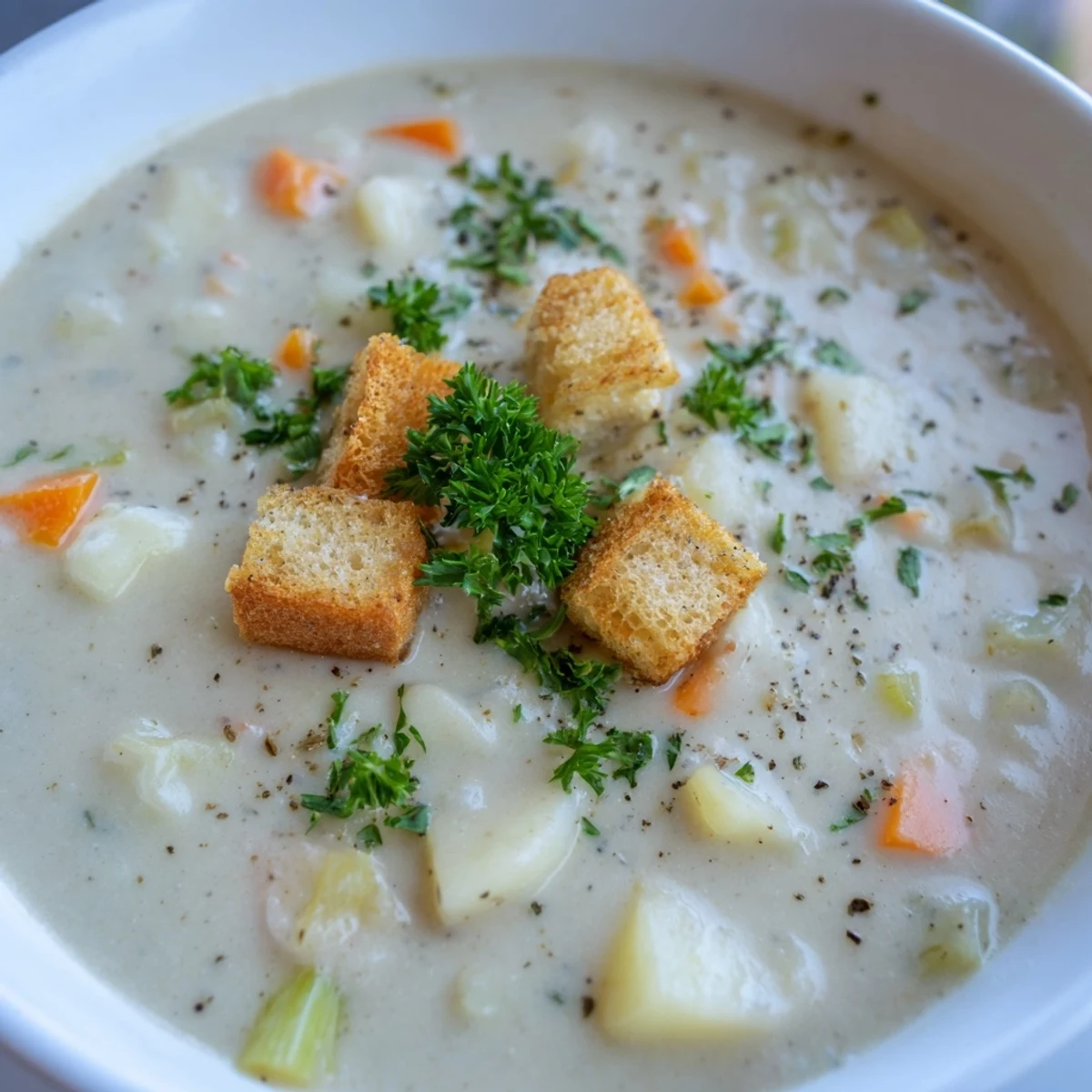 A steaming bowl of Creamy Soup garnished with fresh parsley and croutons, perfect for cozy evenings.