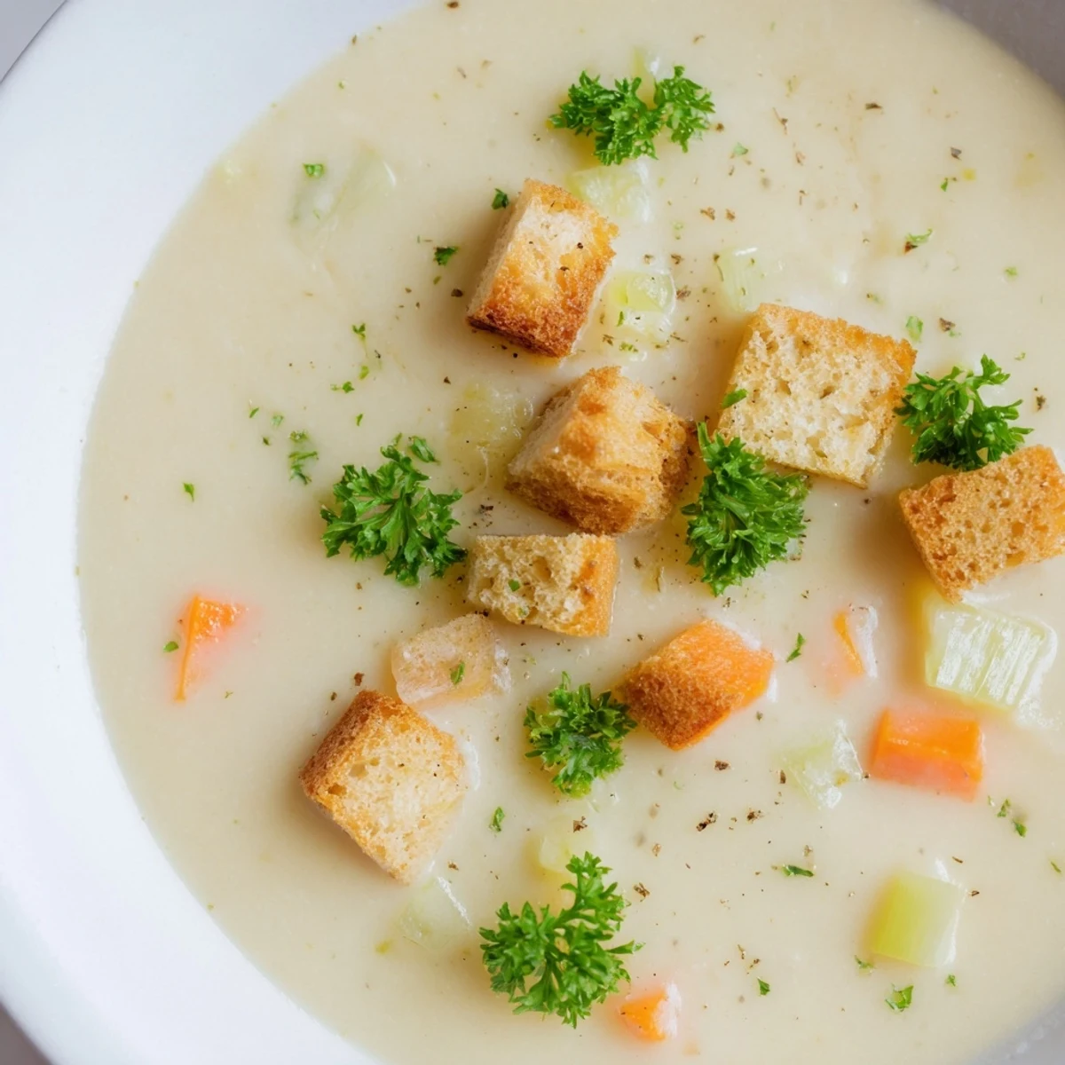 Spoon dipping into a velvety Creamy Soup, served hot with herbs and crusty bread on the side.