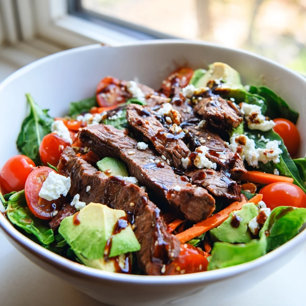 Freshly seared beef strips rest atop crisp greens, cucumber, and avocado in this Beef Salad Bowl.