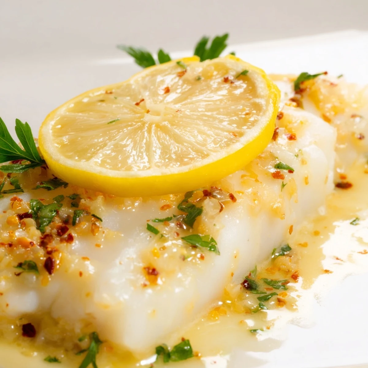 Freshly baked white fish fillets drizzled with lemon butter sauce and topped with vibrant parsley, served alongside steamed quinoa for a gluten-free dinner.