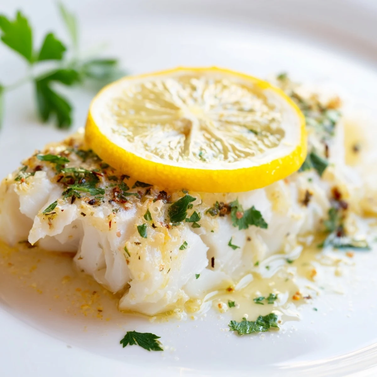 Perfectly cooked Baked Fish with Lemon Butter emerges from the oven flaky and moist, garnished with bright lemon slices and fresh herbs.