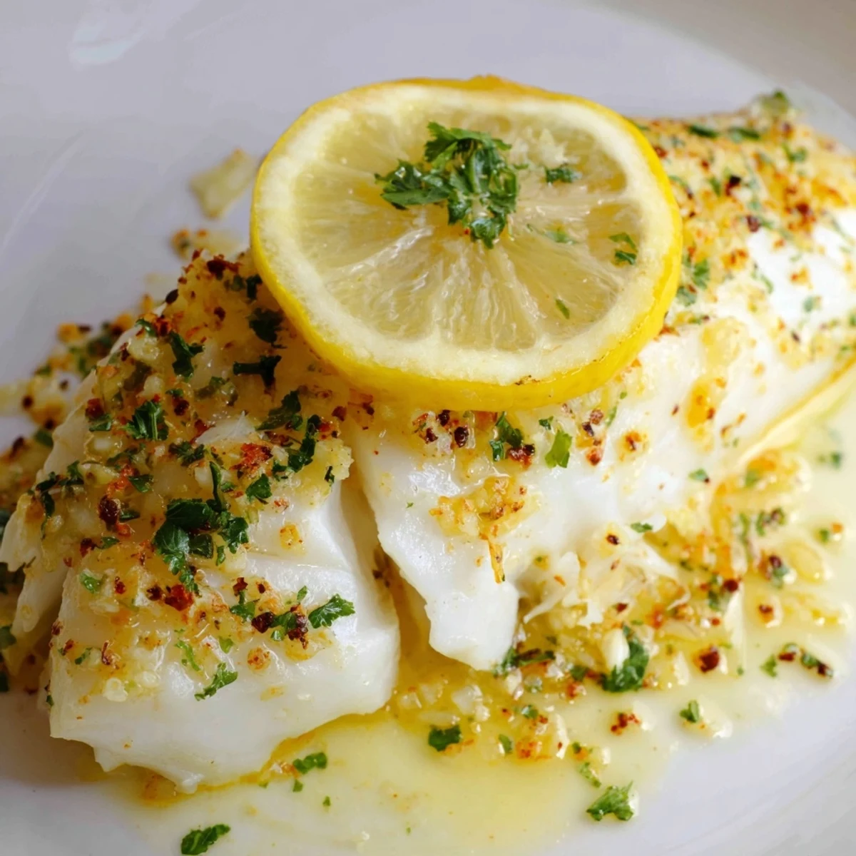 Golden Baked Fish with Lemon Butter plated with roasted asparagus, showcasing a rich, zesty butter sauce and a light, savory aroma.