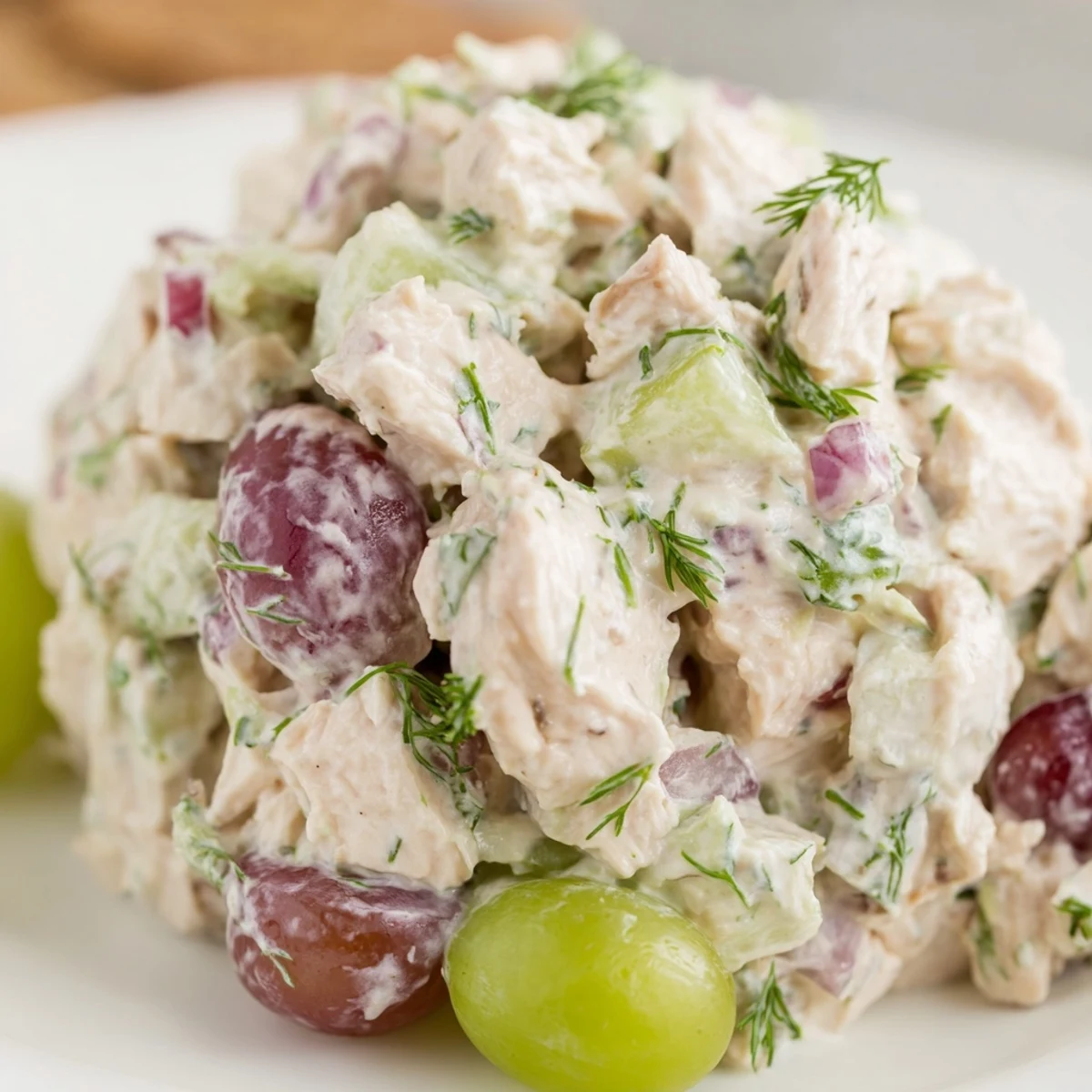 Spoonful of homemade Chicken Salad Scoop loaded with celery, red onion, and fresh dill.