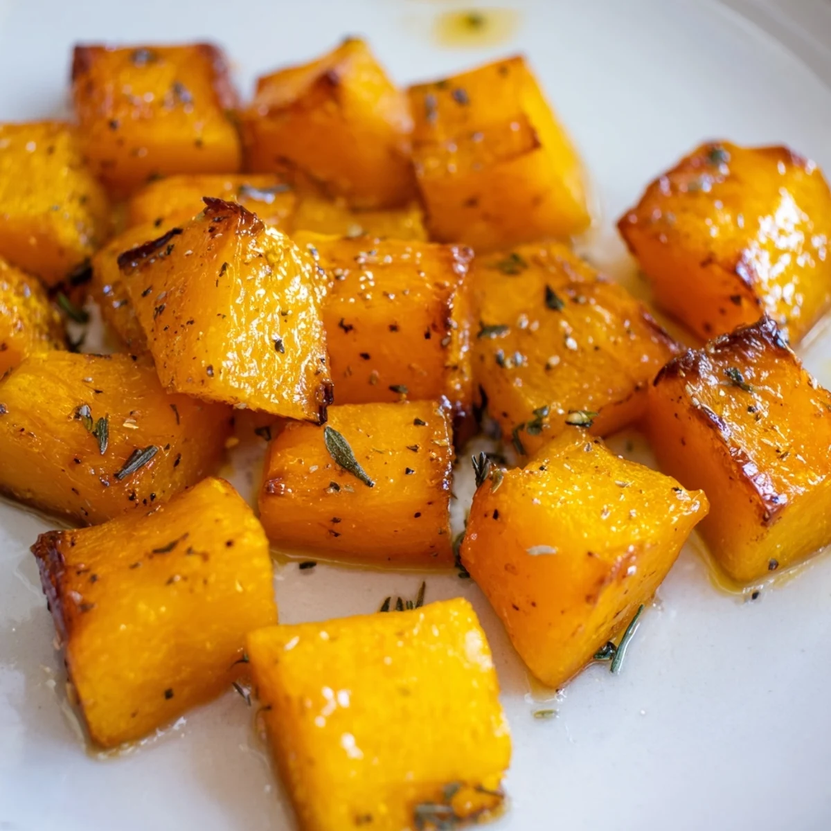 Golden roasted pumpkin cubes seasoned with thyme and paprika, served hot on a baking sheet.
