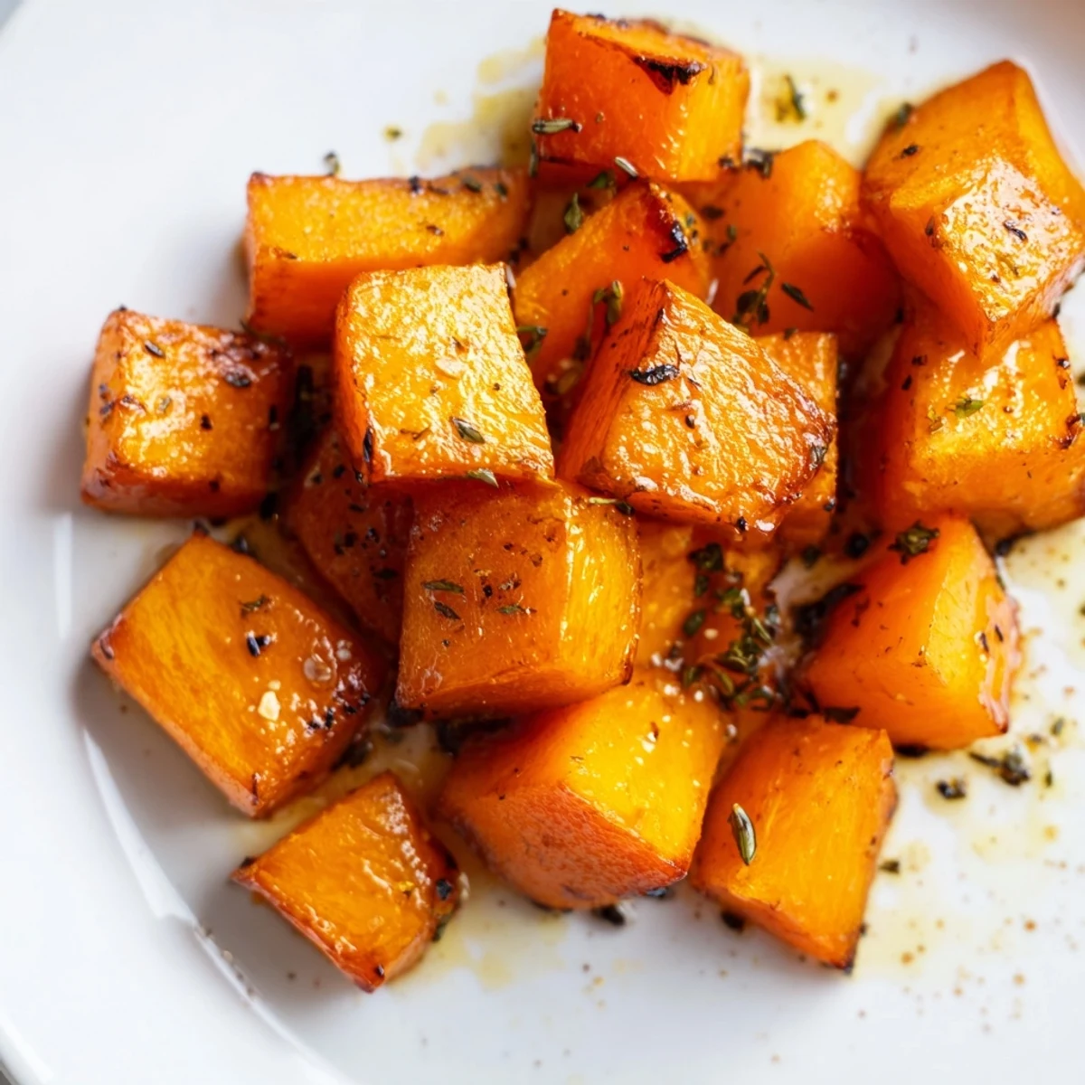 Close-up of caramelized roasted pumpkin cubes with herbs and spices, ready to eat as a vegan side dish.