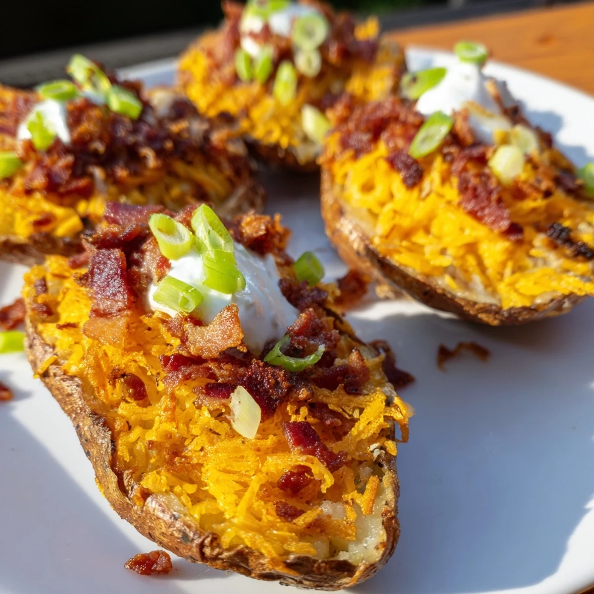 Crispy Potato Skins loaded with melted cheddar, smoky bacon crumbles, and fresh green onions on a serving platter.