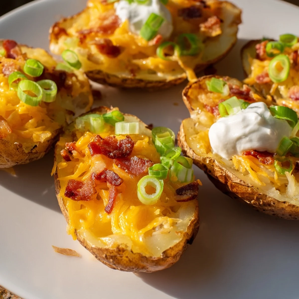 Golden Crispy Potato Skins arranged with sour cream dollops and sliced green onions for a flavorful party appetizer.