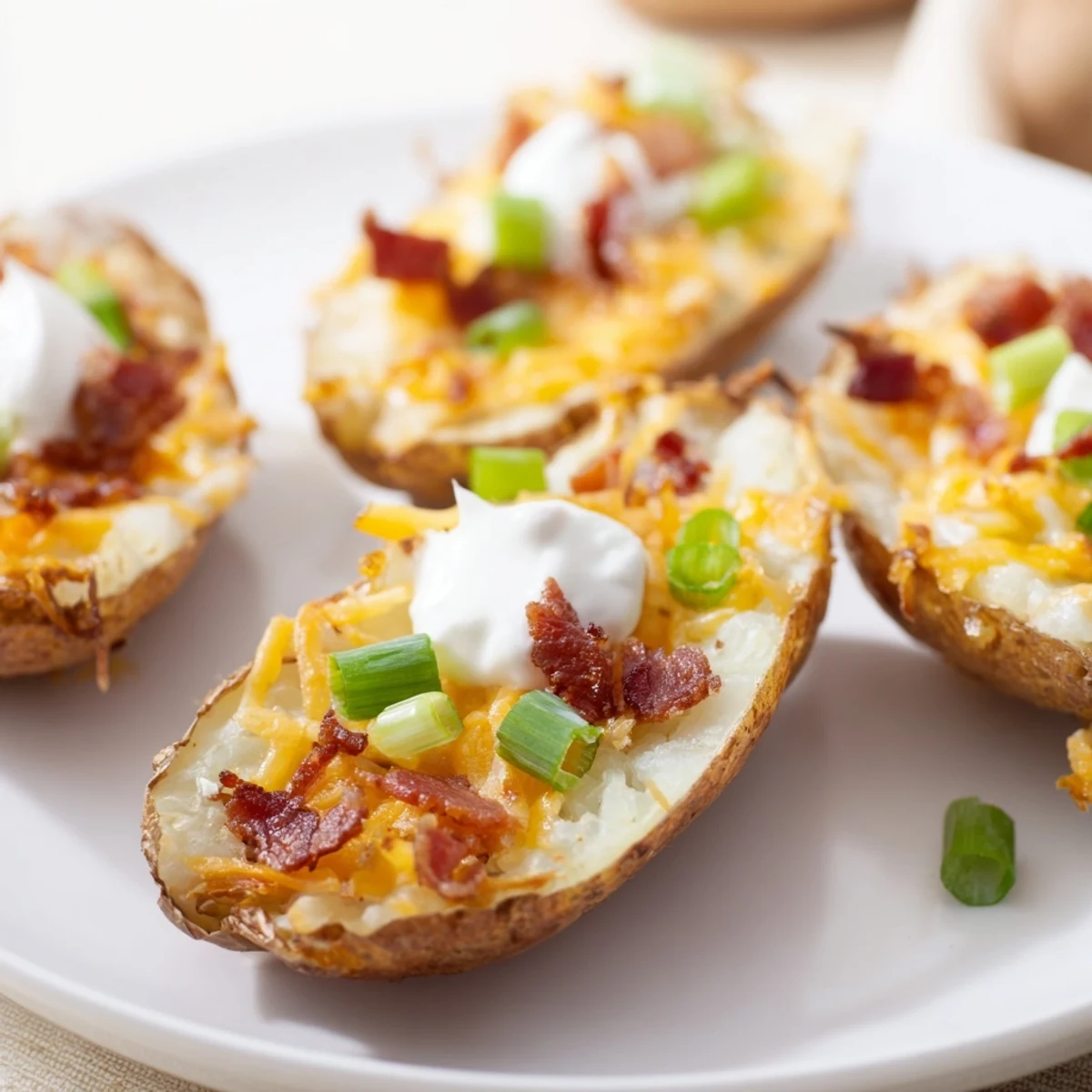 Baked Crispy Potato Skins with crackling edges and bubbly cheese, served warm with bacon and fresh scallions.