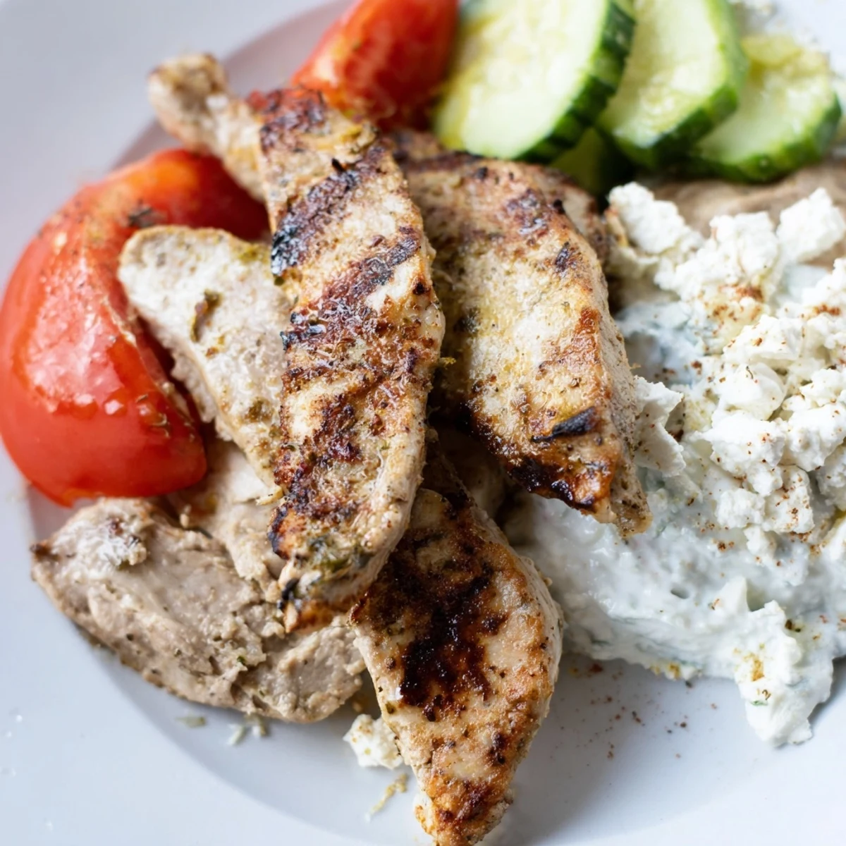 A vibrant Mediterranean Dish Platter with grilled chicken, lamb, hummus, and fresh vegetables served with warm pita bread for dipping.