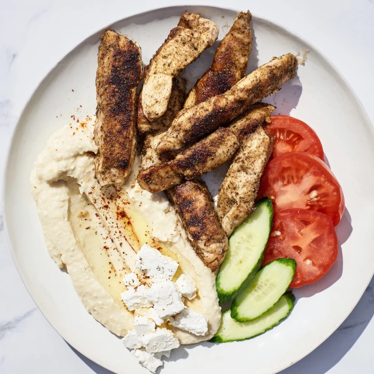 Colorful Mediterranean Dish Platter featuring smoky grilled meats, creamy tzatziki, marinated olives, and crisp cucumber slices on a rustic wooden board.