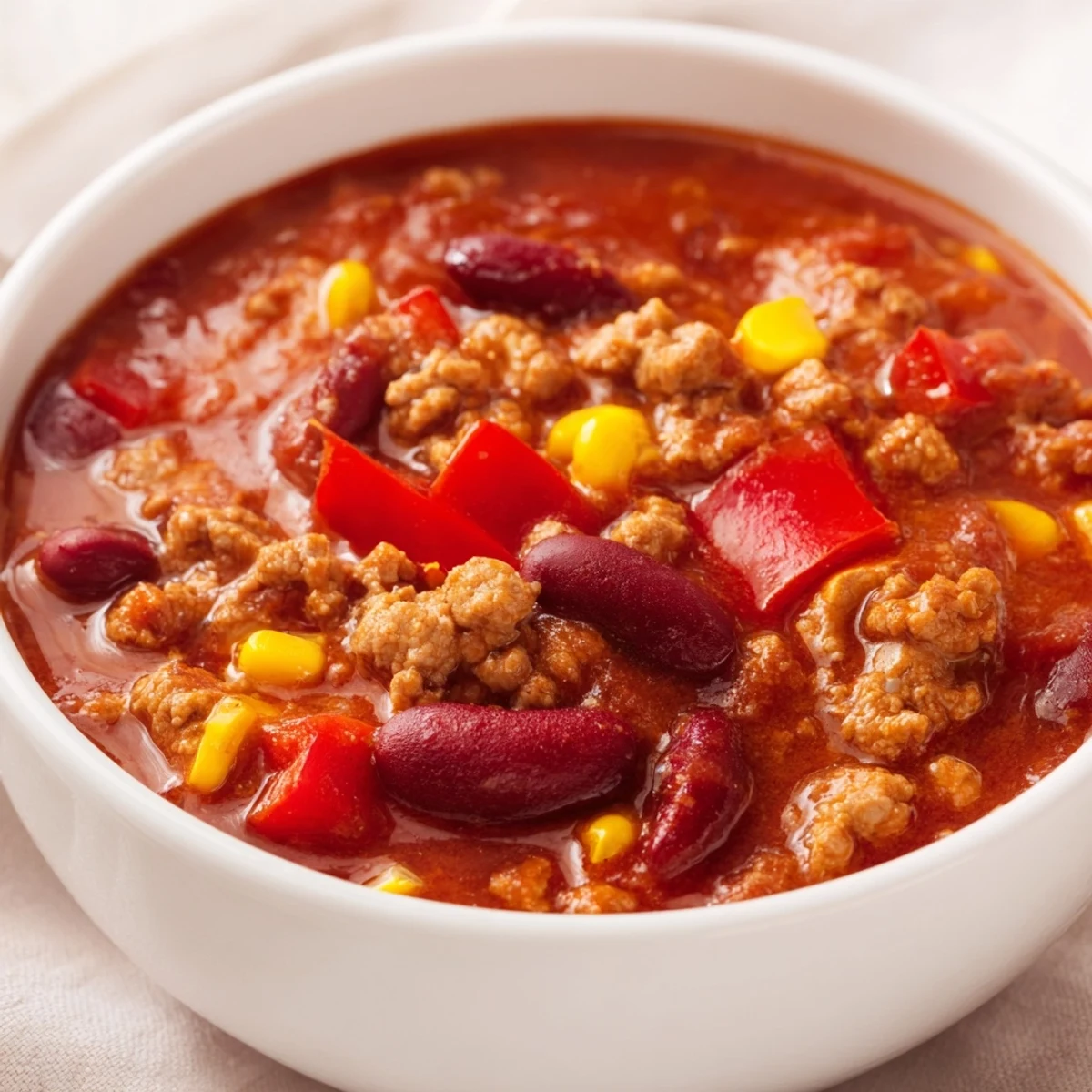 Turkey Chili with Kidney Beans and Corn served in a rustic bowl next to crushed tortilla chips.