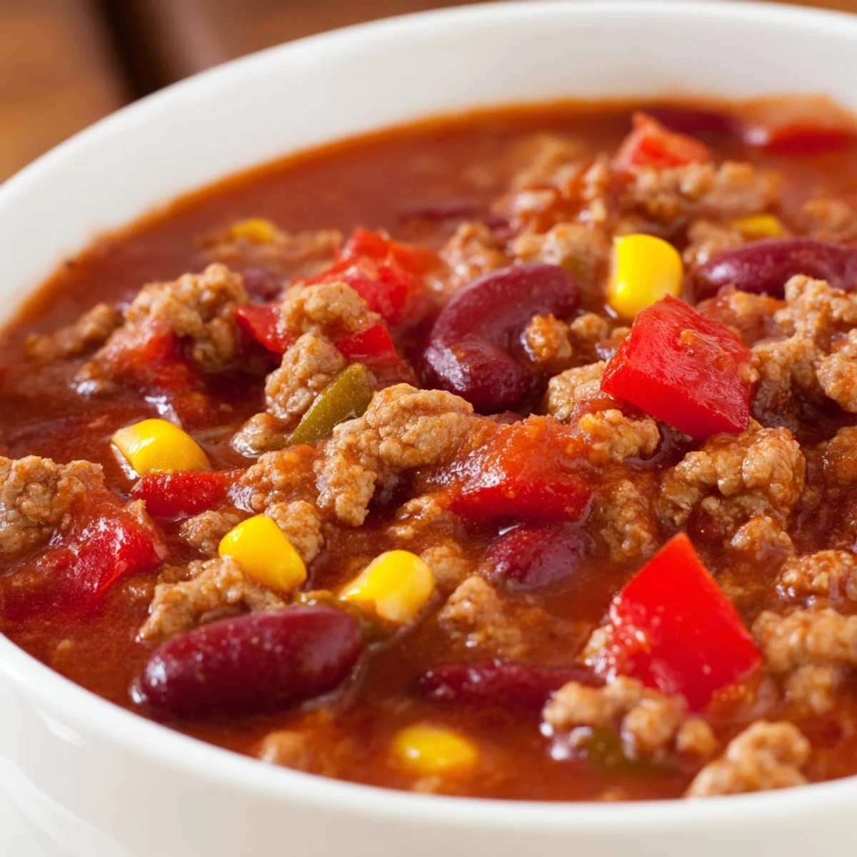 Ground turkey simmered with kidney beans and corn, creating a hearty Turkey Chili with Kidney Beans and Corn.