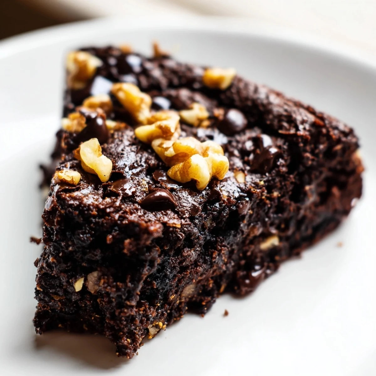 A close-up of rich, fudgy Gluten Free Almond Flour Brownies showcasing a moist crumb and melted dark chocolate chips.