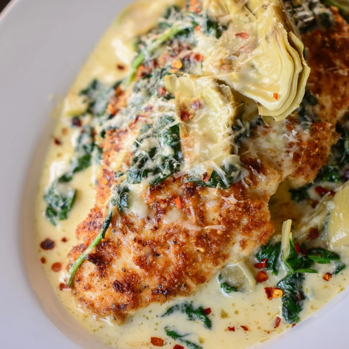 Tender chicken simmered in a luscious garlic cream sauce with wilted spinach and artichokes.