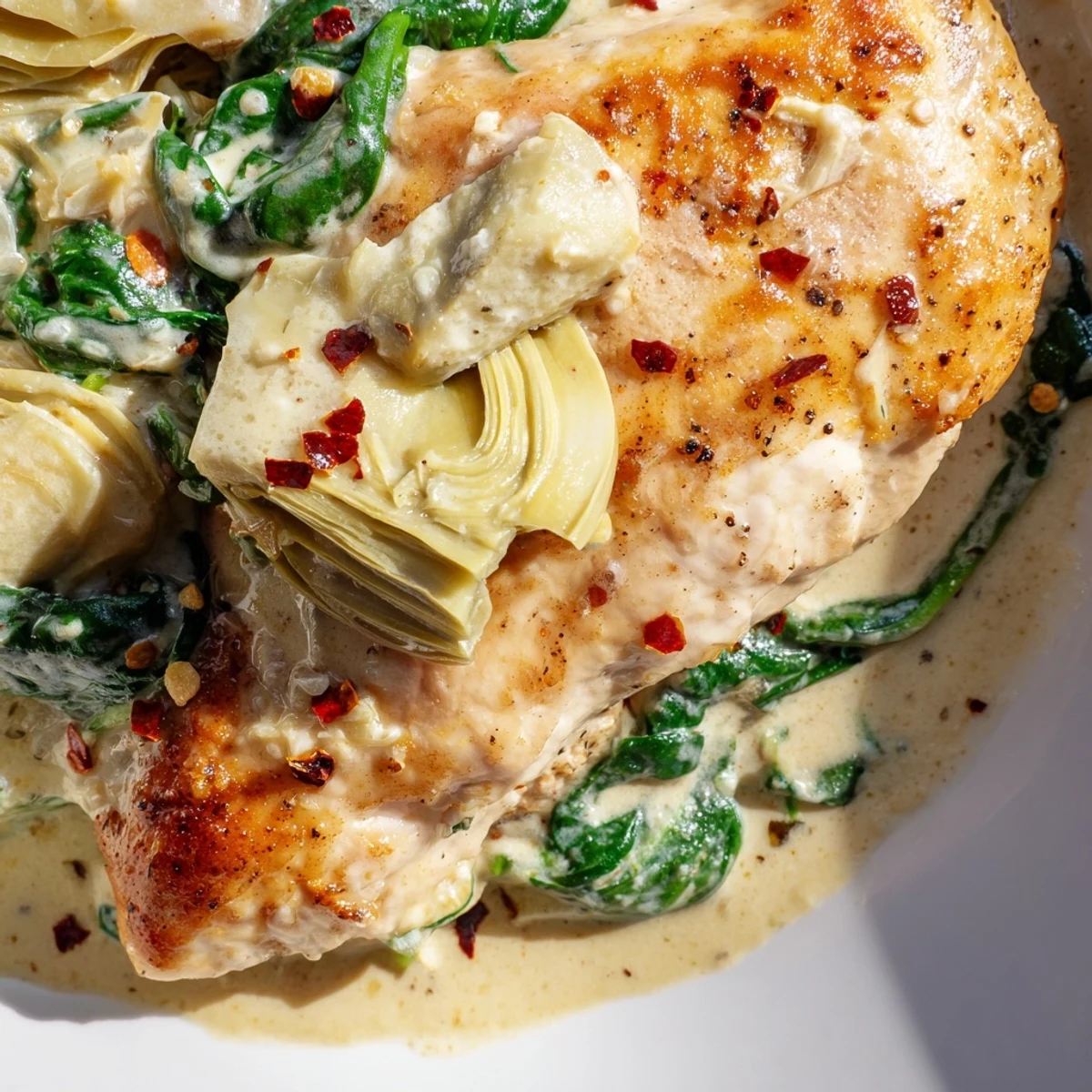 Savory creamy spinach and artichoke chicken skillet served hot, garnished with Parmesan cheese.