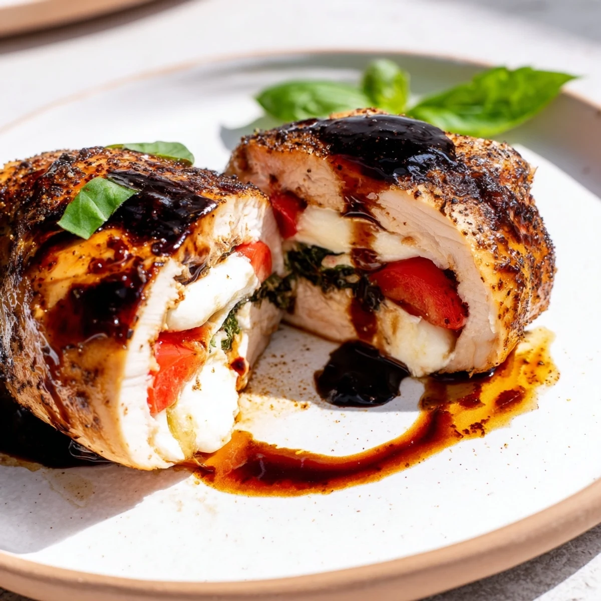 Golden-brown Caprese Stuffed Chicken Breast with melted mozzarella and fresh basil, drizzled with balsamic glaze on a plate.