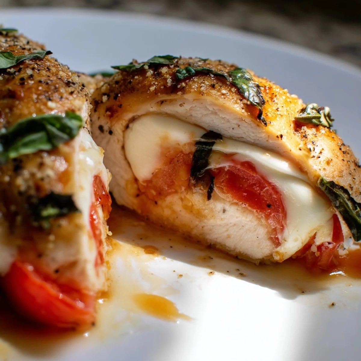 Juicy Caprese Stuffed Chicken Breast resting after baking, revealing melted mozzarella and tomato slices inside the pocket.