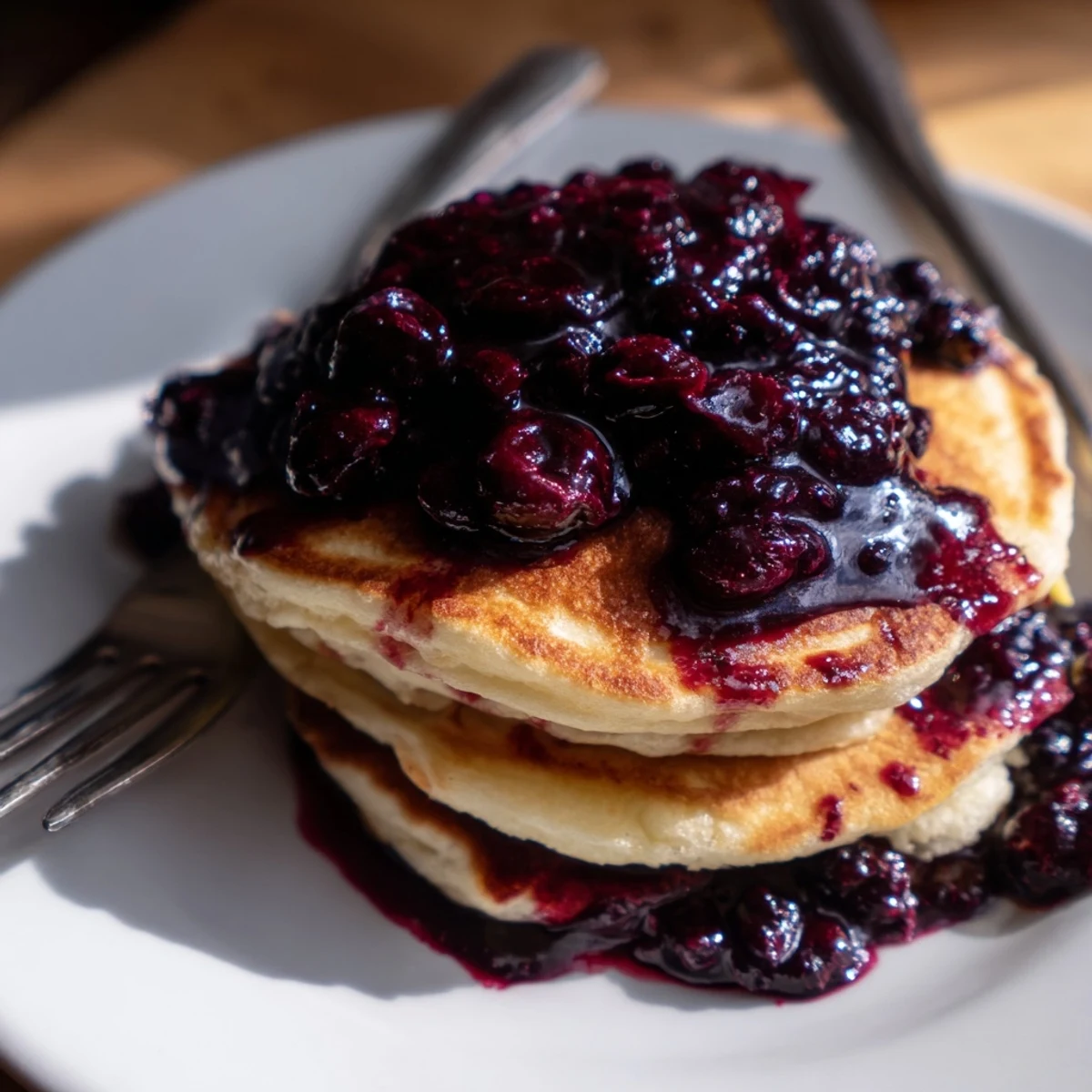 A rustic wooden table displays a stack of golden Lemon Ricotta Pancakes, topped with fresh blueberries and a pitcher of syrup.