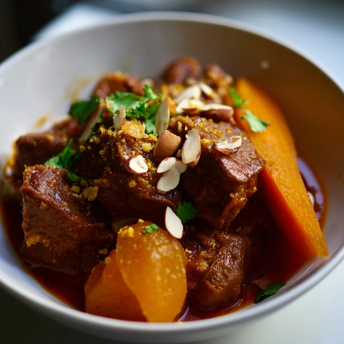 A hearty slow cooker moroccan lamb tagine steams alongside fluffy couscous, garnished with fresh mint and toasted almonds for texture.