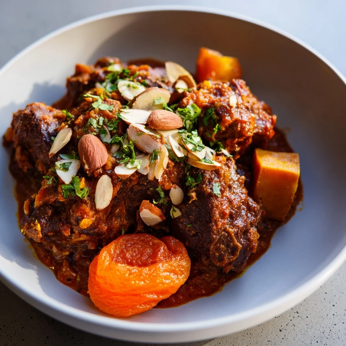 Tender, slow-cooked lamb shoulder cubes glisten in a bed of spiced moroccan lamb tagine, studded with sweet carrots and apricots.