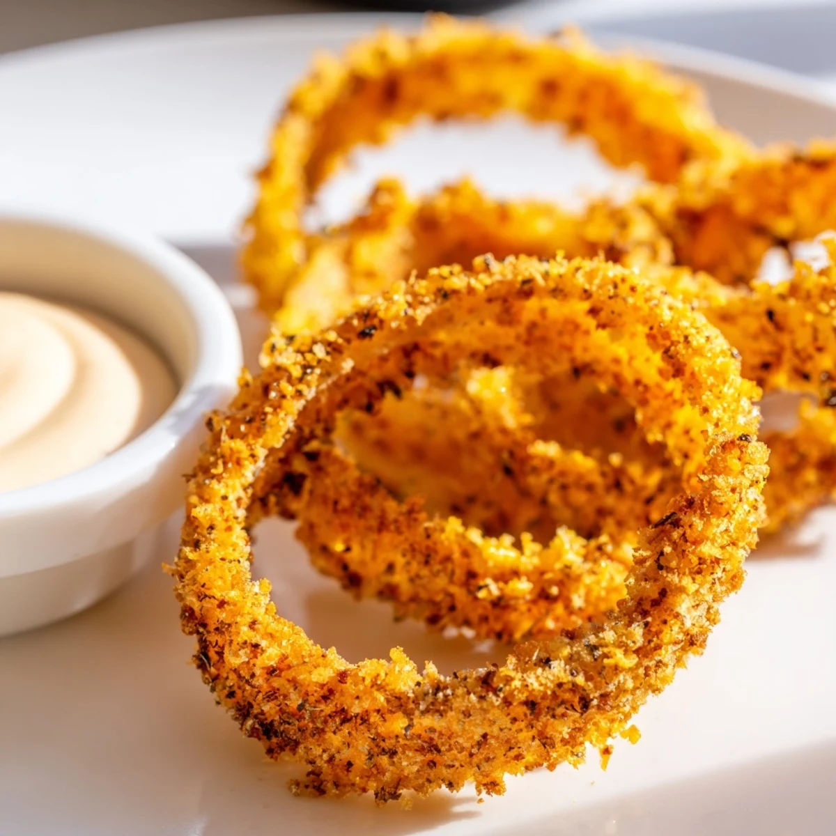 Homemade Crispy Air Fryer Onion Rings with Dip on a rustic plate, ready for a game day snack.