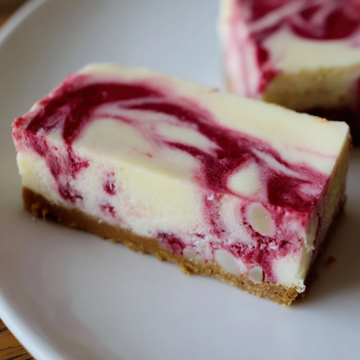Freshly baked Raspberry White Chocolate Cheesecake Bars on a wooden cutting board, featuring a rich graham cracker crust and a vibrant pink raspberry swirl.