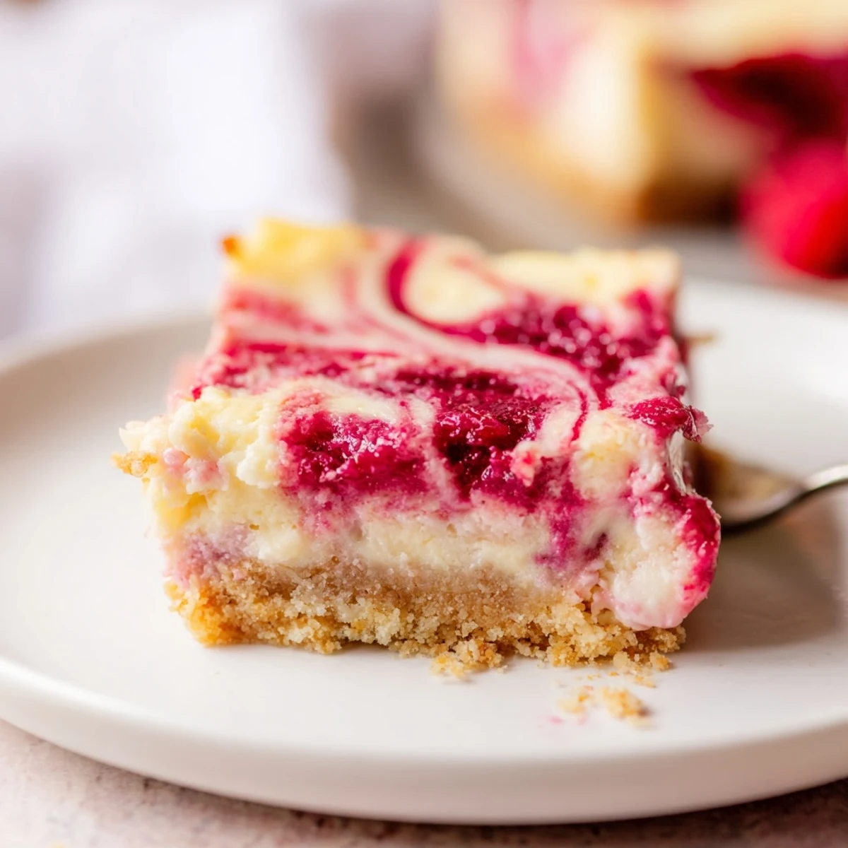 Serving suggestion for delicious Raspberry White Chocolate Cheesecake Bars on a ceramic dessert plate, perfect for afternoon tea or a sweet party treat.