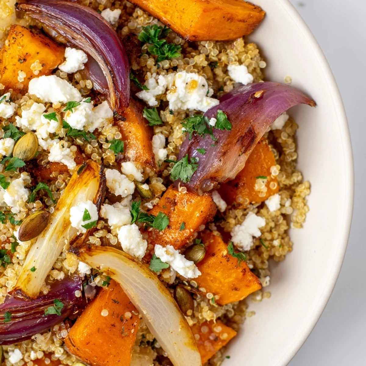 A close-up of Warm Quinoa Salad with Roasted Root Vegetables featuring golden sweet potatoes and bright carrots, topped with feta and pumpkin seeds on a white plate.