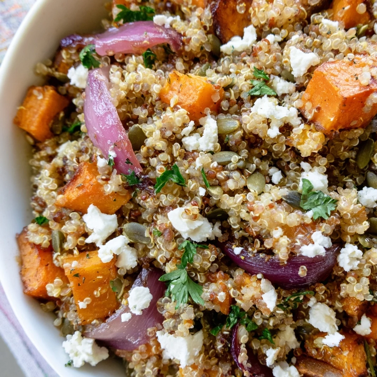 A steaming serving of Warm Quinoa Salad with Roasted Root Vegetables in a rustic bowl, garnished with fresh parsley and pumpkin seeds, perfect for a healthy dinner.