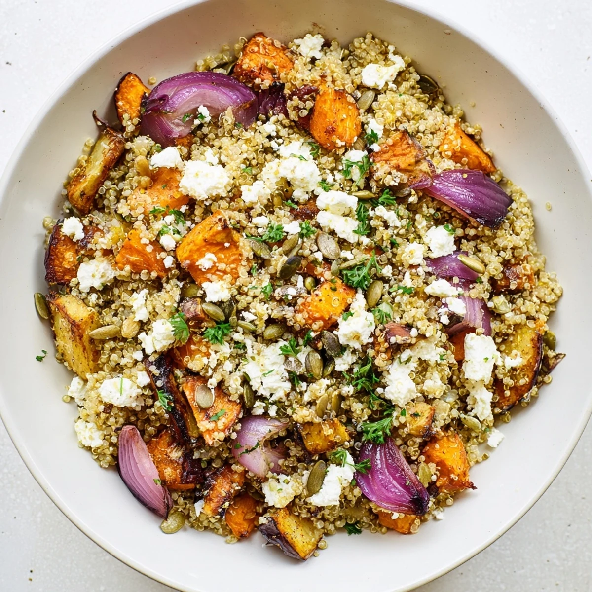 An overhead view of Warm Quinoa Salad with Roasted Root Vegetables in a ceramic bowl, showcasing fluffy quinoa mixed with caramelized vegetables and a vibrant green herb garnish.