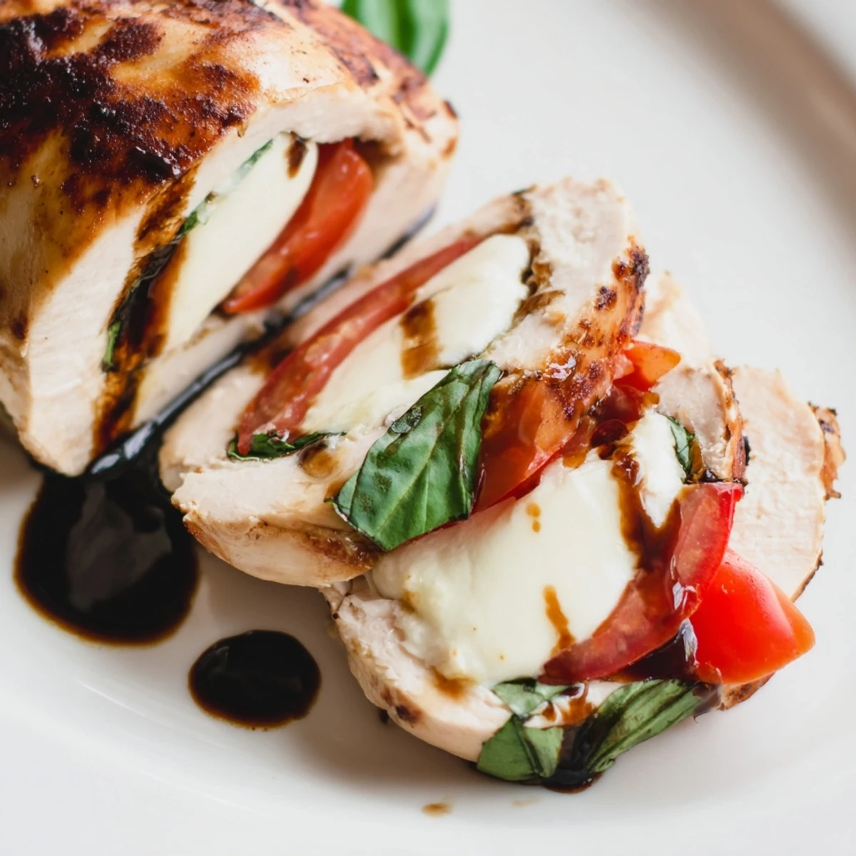 Golden-baked Caprese Stuffed Chicken Breast with Balsamic Reduction, sliced to reveal melted mozzarella, tomato, and fresh basil layers, served alongside crisp green salad.