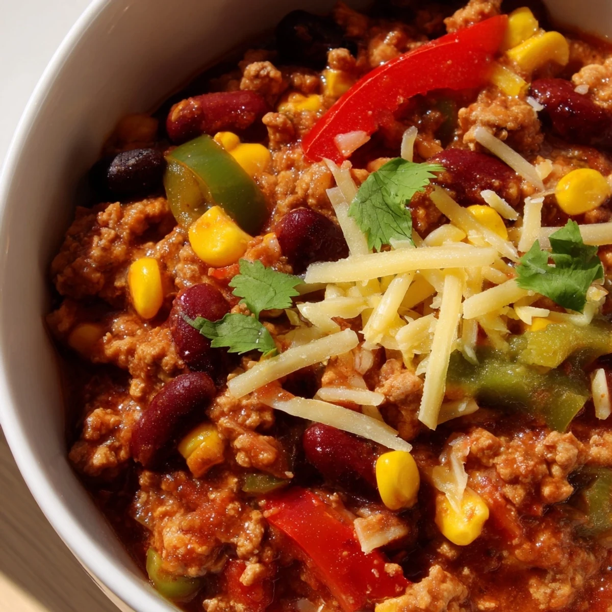 Steaming bowl of Turkey Chili with Kidney Beans, Corn, and Peppers, topped with cilantro and cheese.