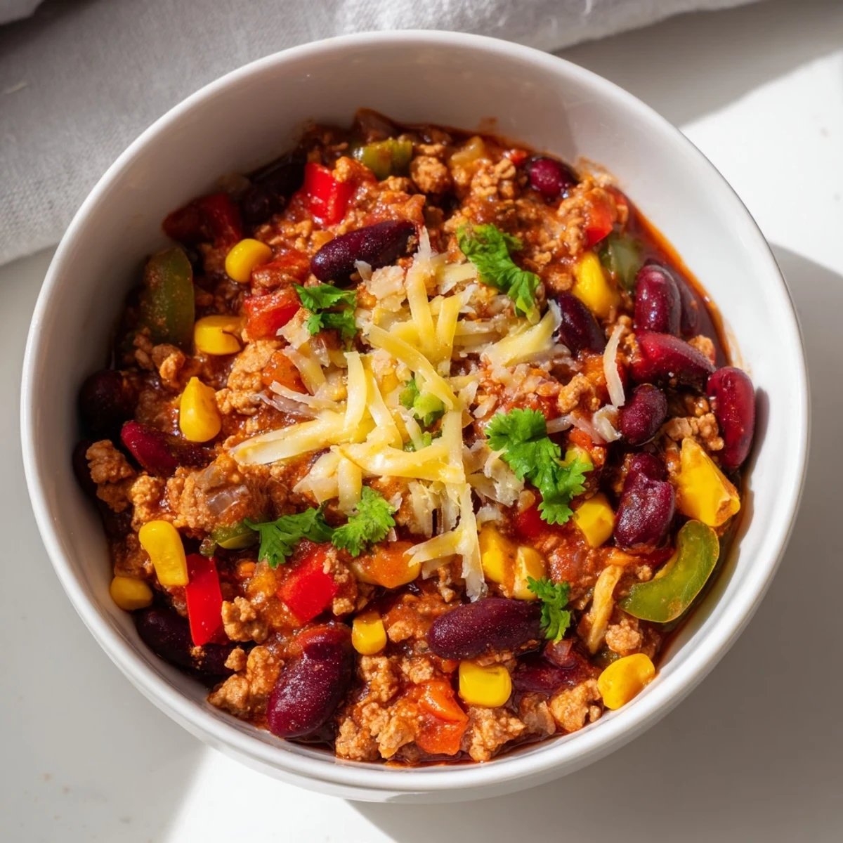 A hearty bowl of Turkey Chili with Kidney Beans, Corn, and Peppers steaming next to warm cornbread.