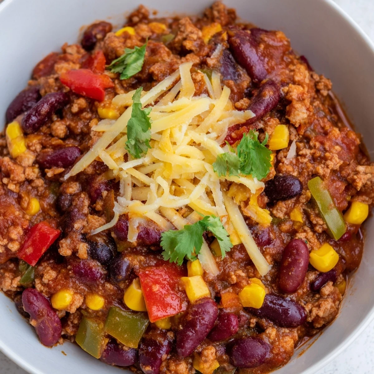 Dutch oven filled with colorful Turkey Chili with Kidney Beans, Corn, and Peppers, garnished with green onions.
