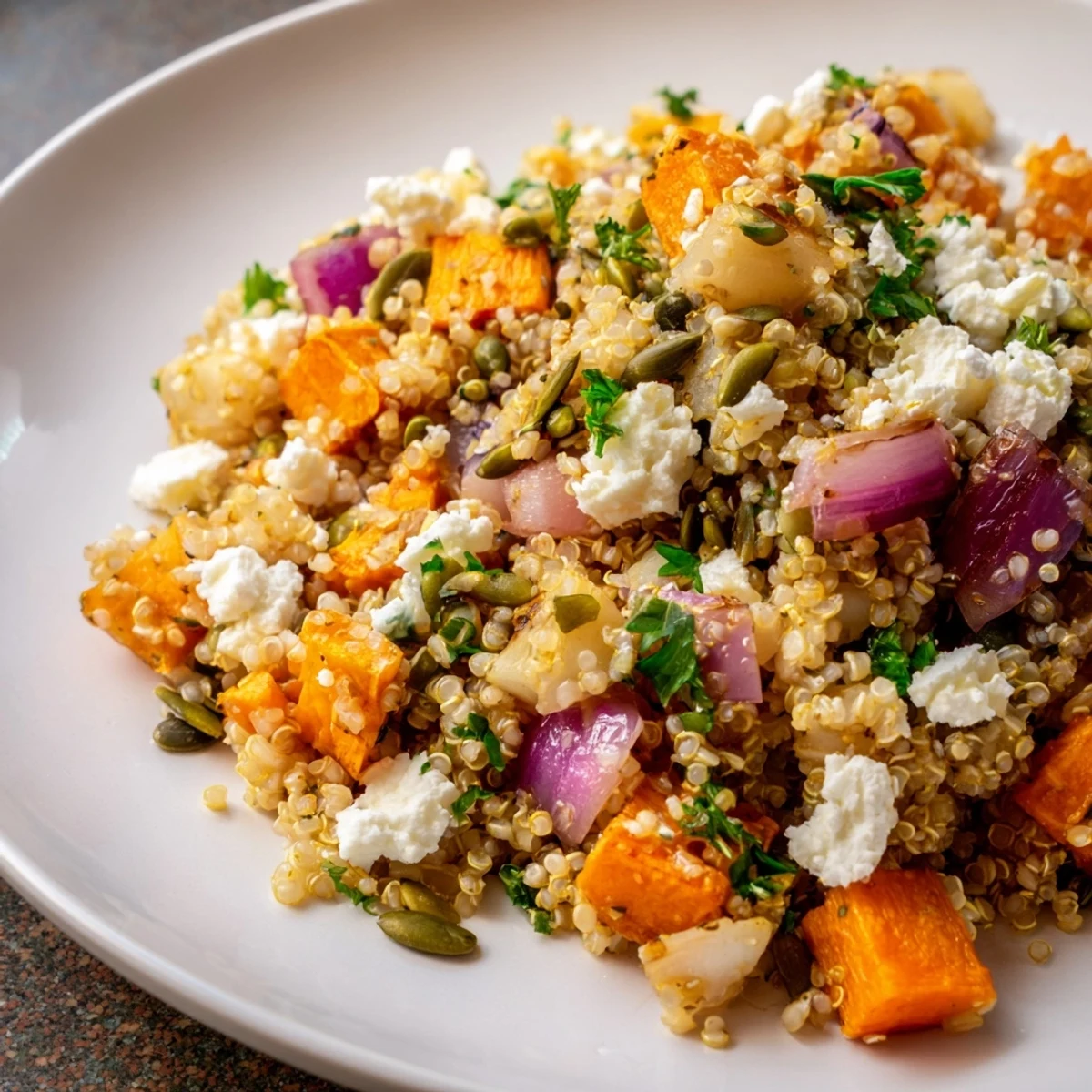 A hearty serving of Warm Quinoa Salad with Roasted Root Vegetables and Feta, showcasing toasted pumpkin seeds and a tangy lemon dressing.