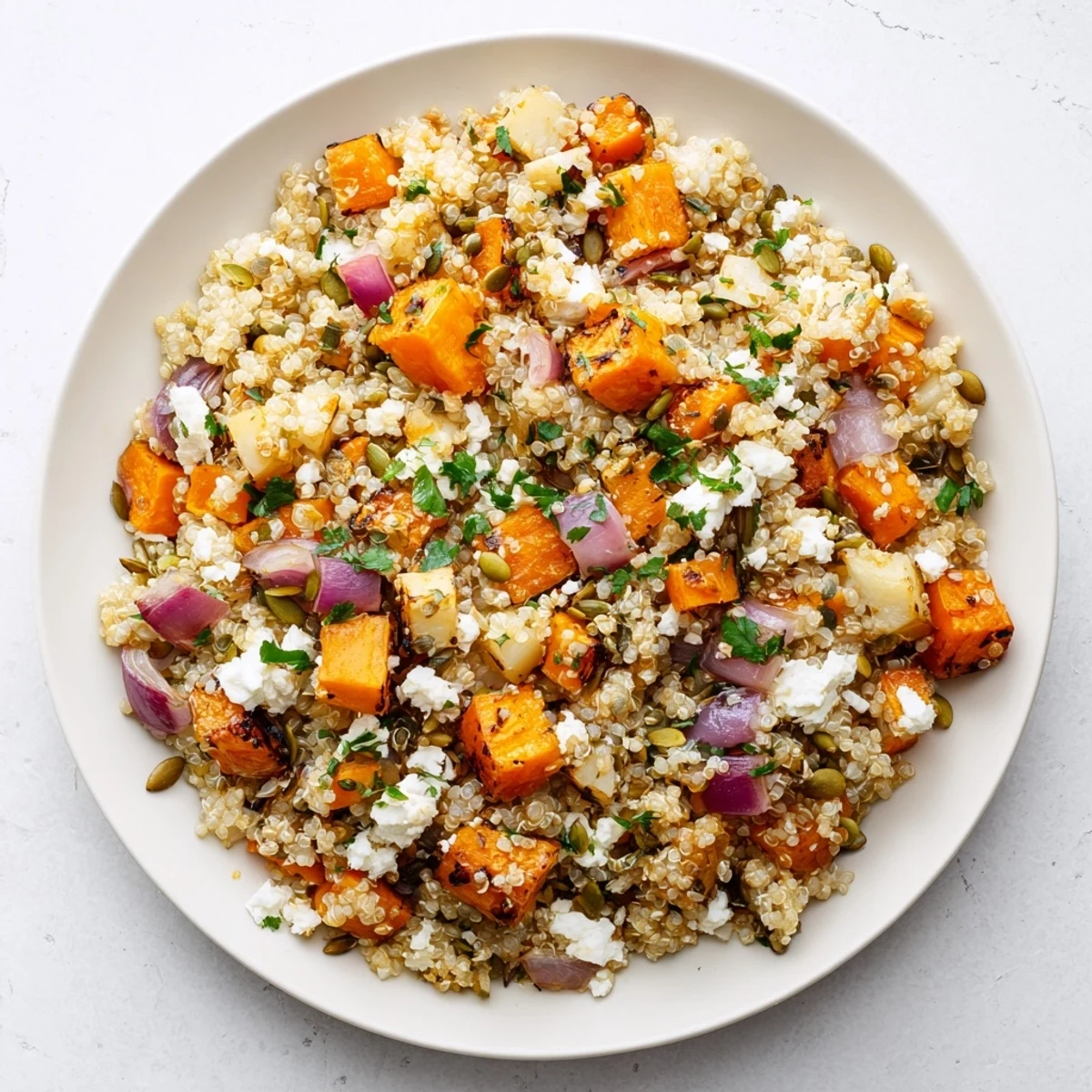 Close-up of Warm Quinoa Salad with Roasted Root Vegetables and Feta highlighting caramelized parsnips, fluffy quinoa, and crumbled feta cheese.