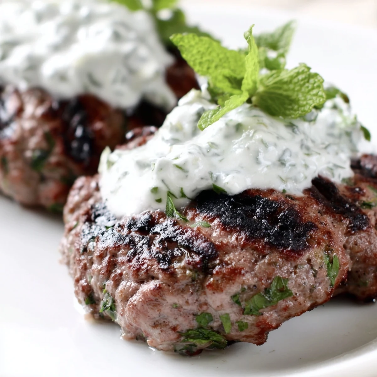 Grilled beef kofta kebabs, fresh off the grill, paired with a bowl of cool cucumber mint yogurt sauce for dipping.