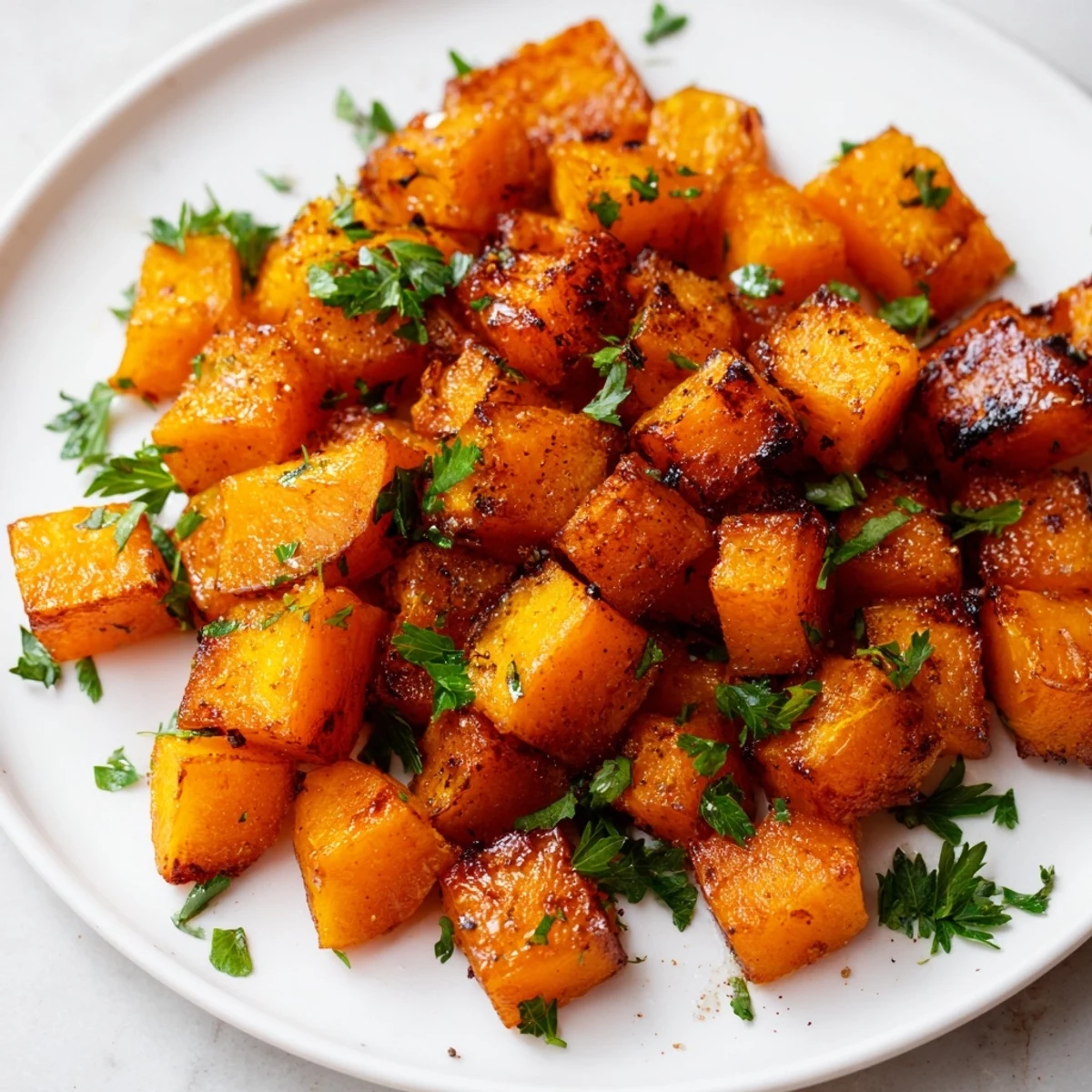 Golden-brown cubes of Roasted Butternut Squash with Maple and Cinnamon glistening on a white platter, garnished with fresh parsley.