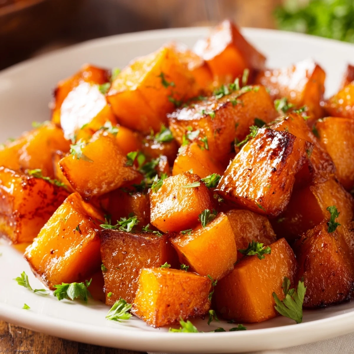 Tender, caramelized Roasted Butternut Squash with Maple and Cinnamon beside a glass of maple syrup and whole cinnamon sticks.