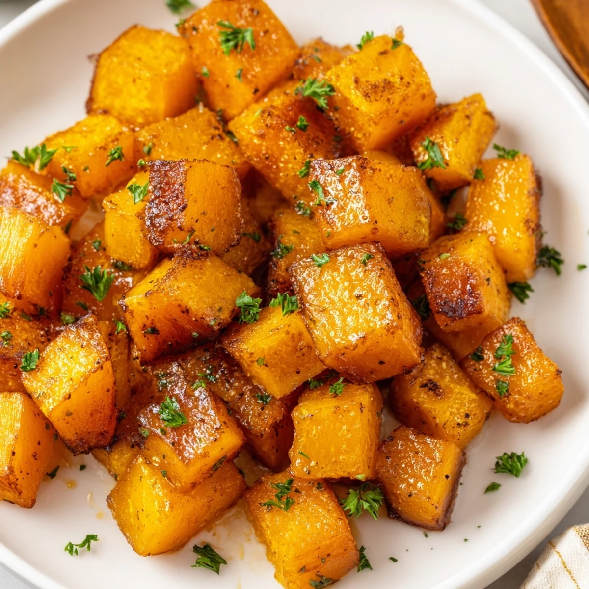 Warm Roasted Butternut Squash with Maple and Cinnamon served from a baking sheet lined with parchment paper.