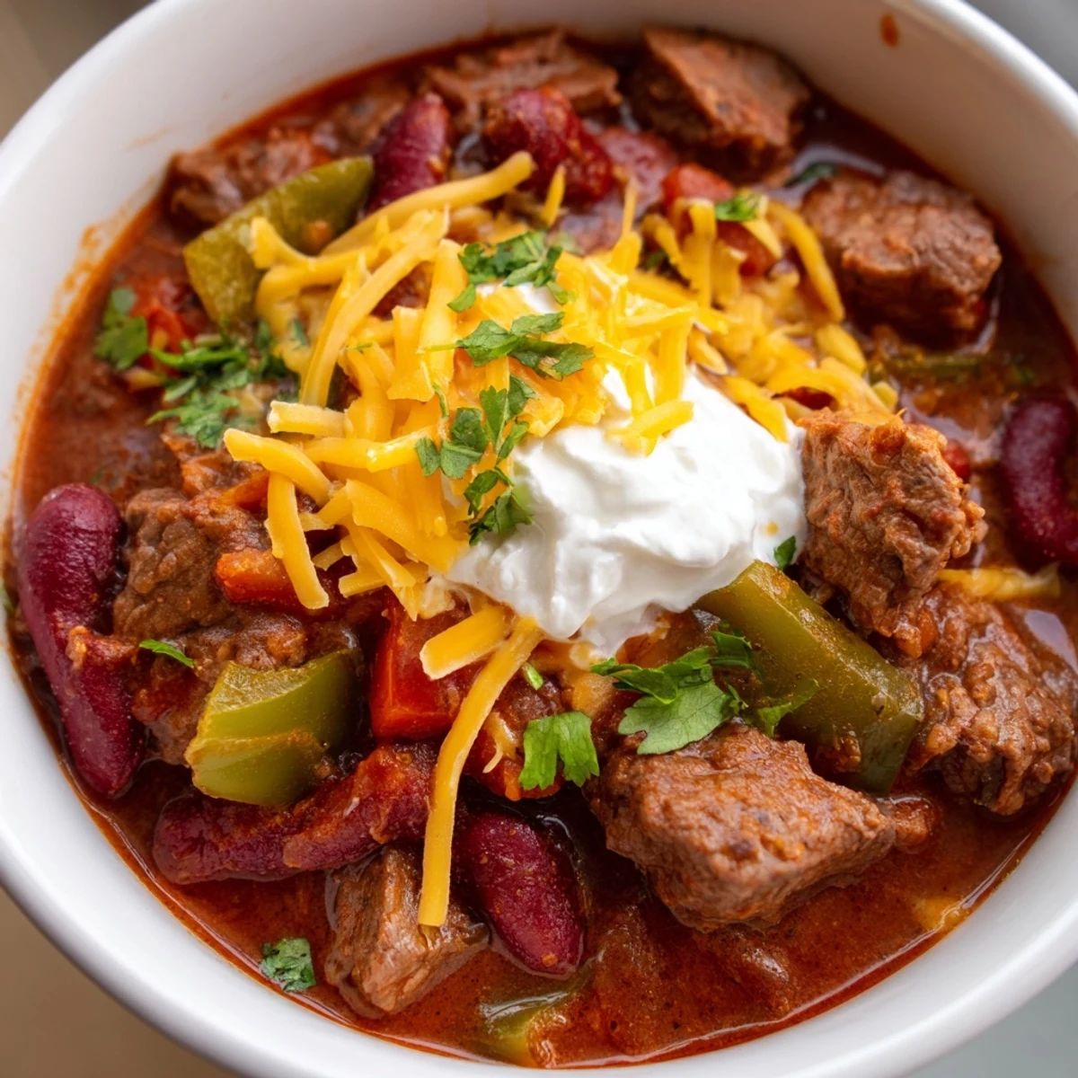 Freshly cooked Slow Cooker Beef Chili with Kidney Beans and Tomato steaming in a bowl with shredded cheddar and sour cream.