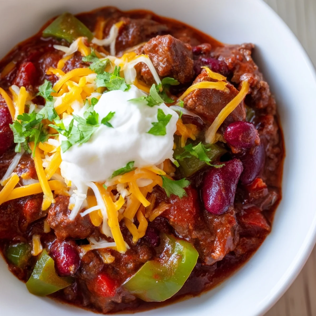 A hearty bowl of Slow Cooker Beef Chili with Kidney Beans and Tomato served with warm cornbread on the side.