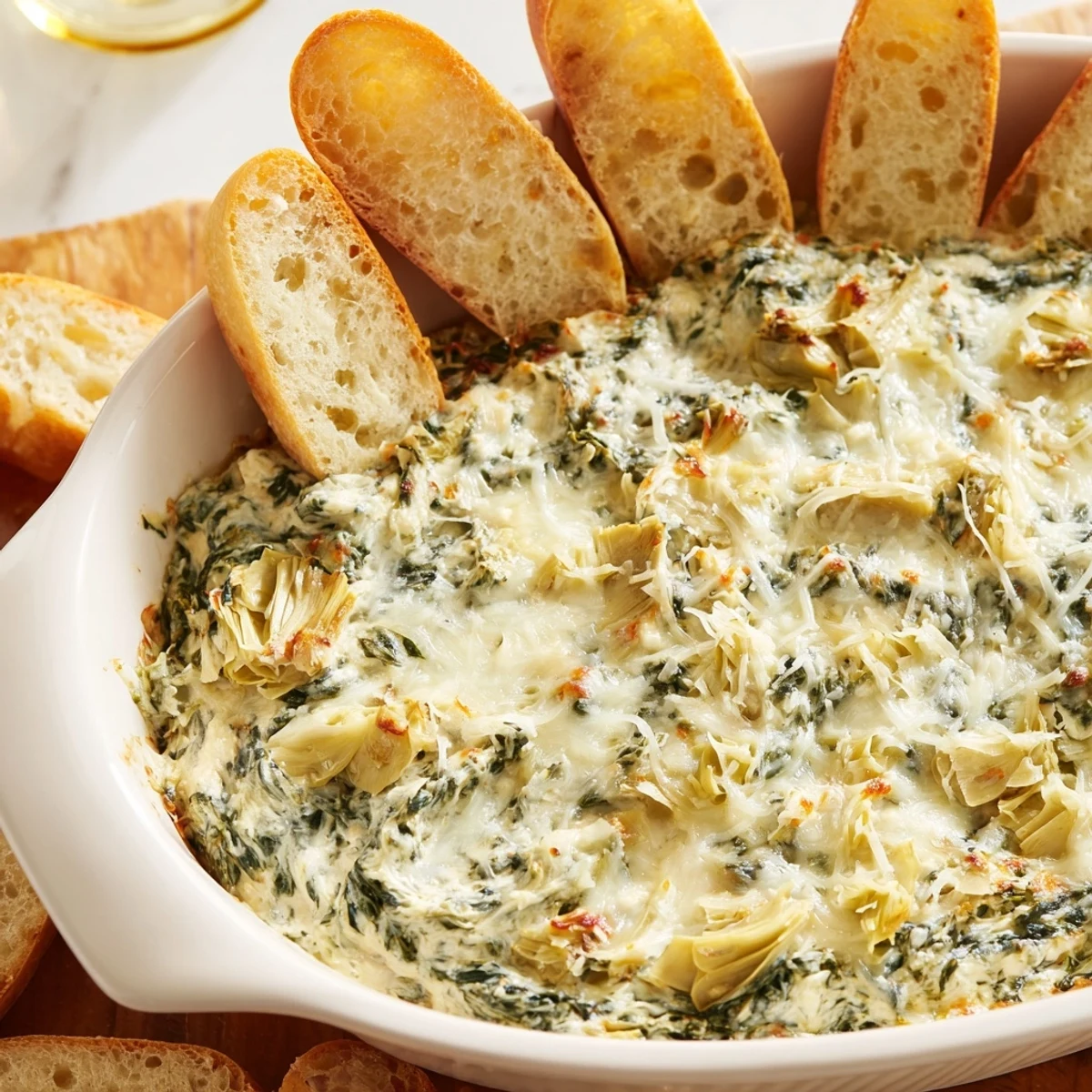Creamy spinach and artichoke dip with golden melted cheese, served warm with toasted baguette slices for dipping. 