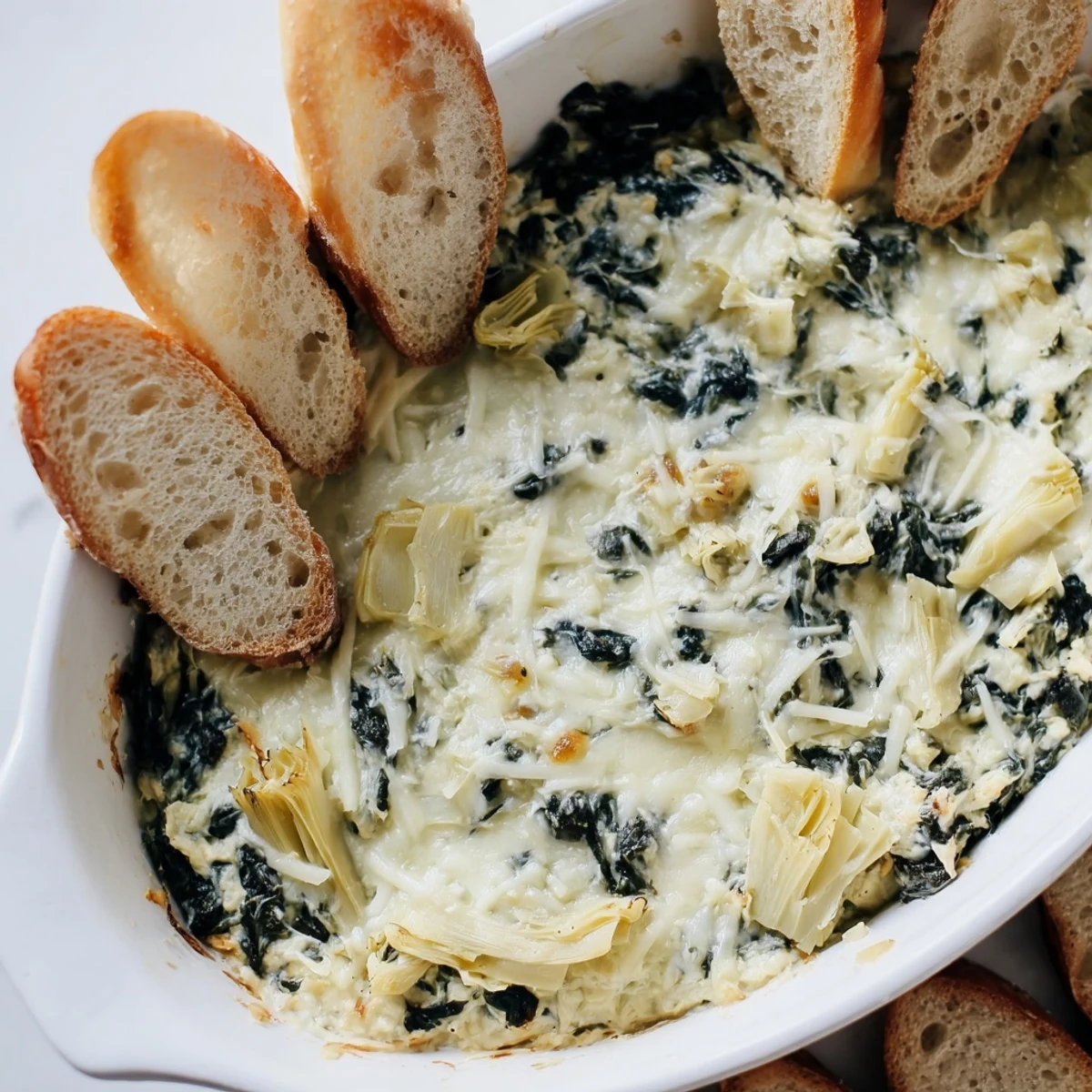 Freshly baked spinach and artichoke dip in a ceramic dish, bubbling and golden, paired with crisp baguette. 