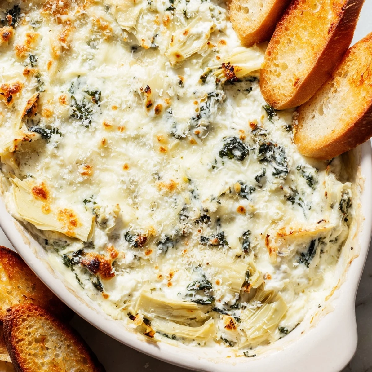 Golden brown spinach and artichoke dip baked in a dish, served alongside crunchy toasted bread for dipping.