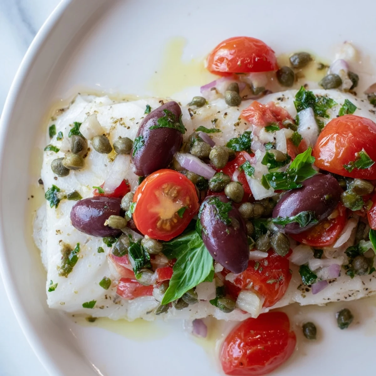 Flaky oven-baked cod served with a zesty Mediterranean salsa featuring red onion and bright lemon juice.