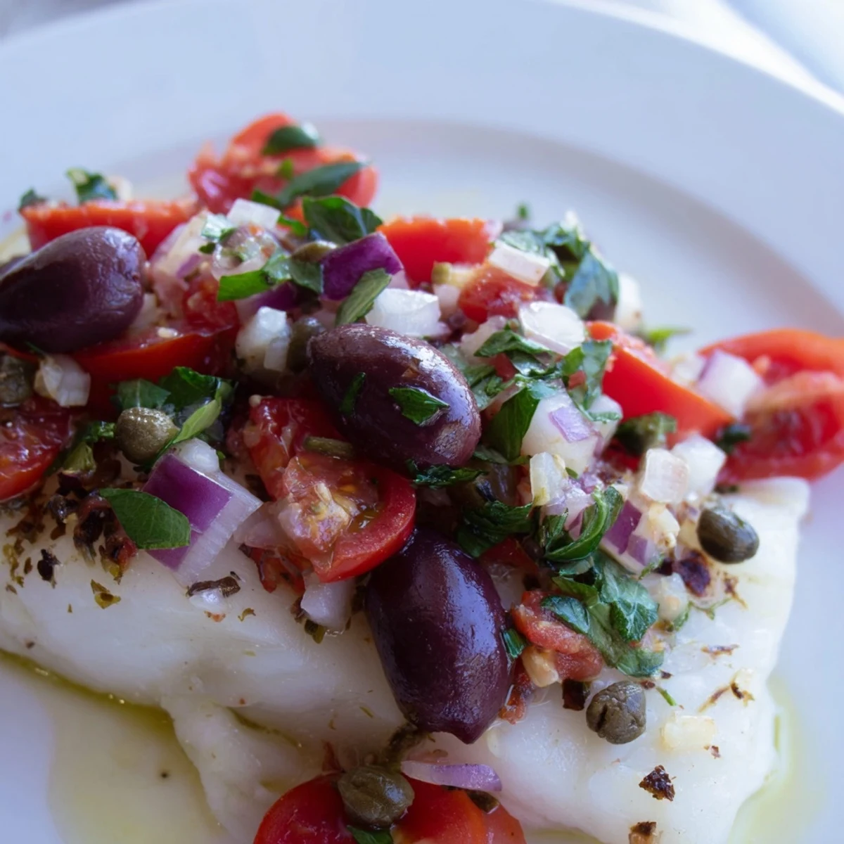 Tender Baked Cod with Tomato and Kalamata Olive Salsa plated with fresh herbs and lemon wedges.