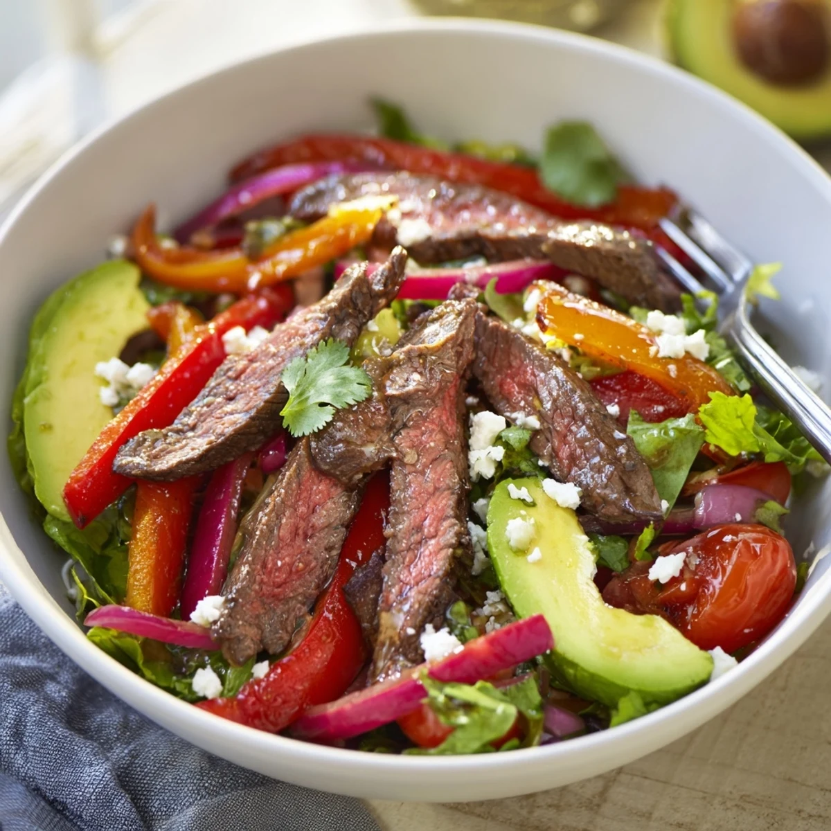 Tex-Mex style Beef Fajita Salad with juicy beef strips and colorful peppers served in a bowl with dressing.